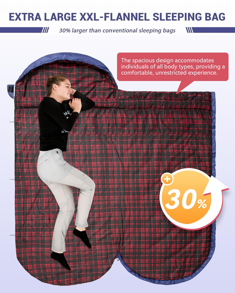 Load image into Gallery viewer, KingCamp FREESPACE 250 3-Season Plus Size Flannel Sleeping Bag Spacious Design and Roomy