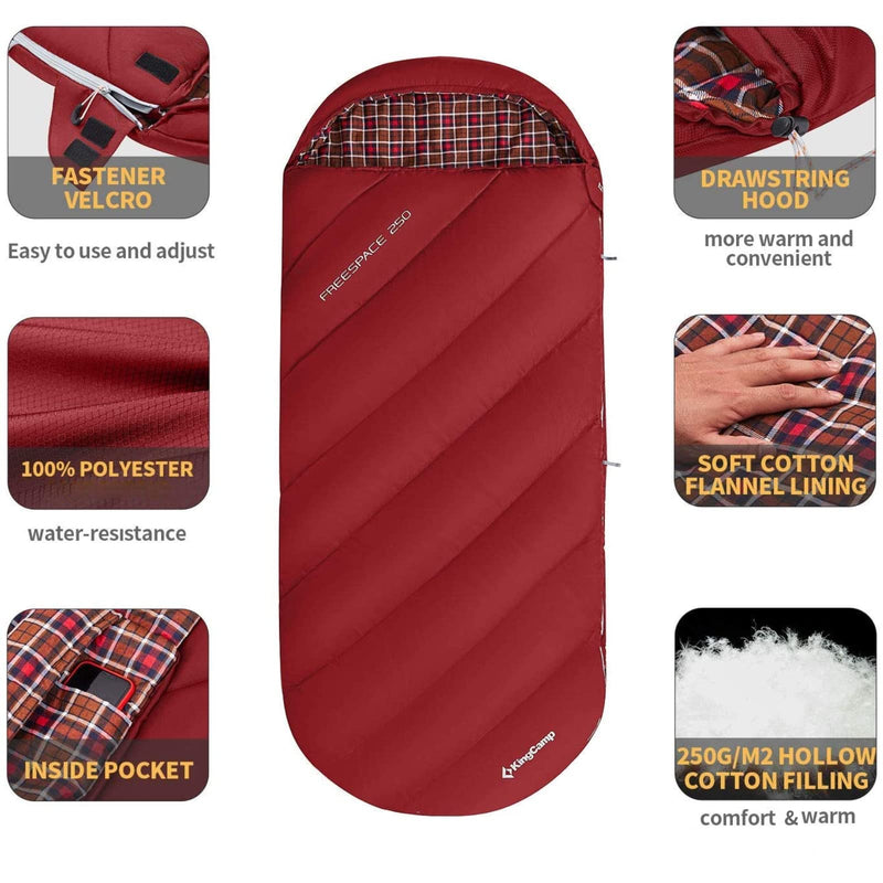 Load image into Gallery viewer, KingCamp FREESPACE 250 3-Season Plus Size Flannel Sleeping Bag Red
