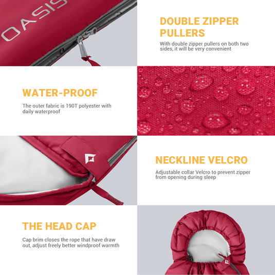 KingCamp Oasis 250 Sleeping Bag-Envelope With Hood 3 Season Camping Sleeping Bag