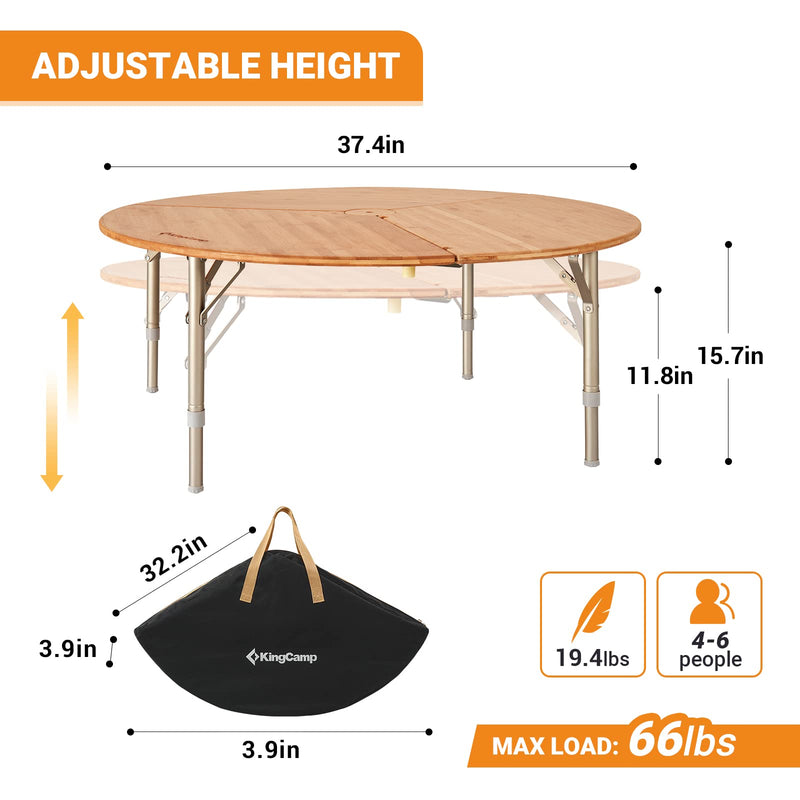 Load image into Gallery viewer, KingCamp Round 3-Folding Bamboo Table Adjustable Height

