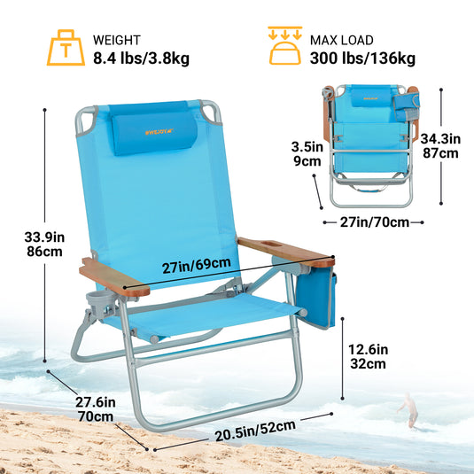 WEJOY Oversized Reclining 4 Positions Beach Chair Low Seat with Wooden Armrest
