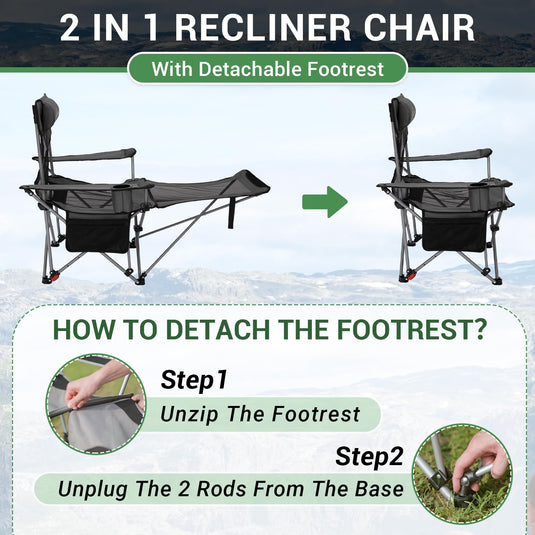 WEJOY 4-Position Reclining Camp Chair Grey 2 in 1 Recliner Chair