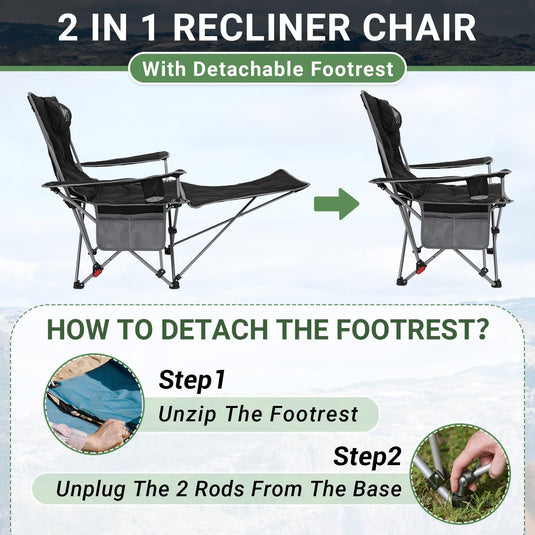 WEJOY Padded Reclining Camping Chair 3-Adjustable Positions with Detachable Footrest