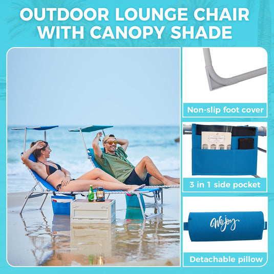 WEJOY Classic Portable Lounge Chair with Canopy Sun Shade Blue