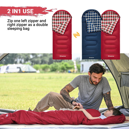 KingCamp CLOUDY 300S Kids Sleeping Bag-Envelope With Hood Red 2 in 1 Use