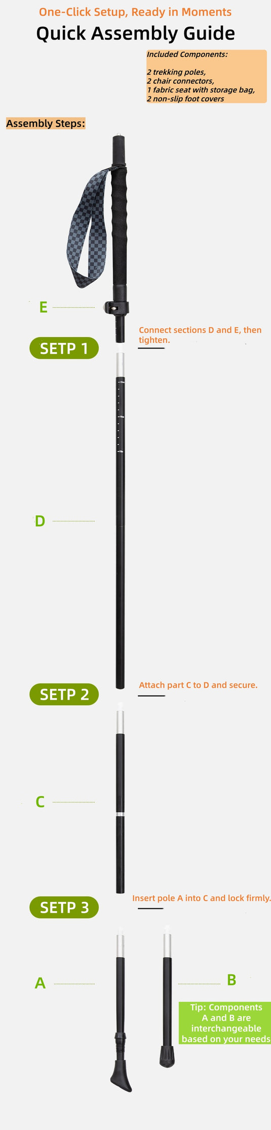 ATEPA 2-in-1 Trekking Pole Chair – Ultralight Convertible Hiking Seat System Quick Assembly Guide