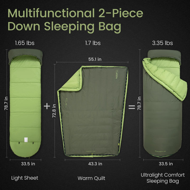 Load image into Gallery viewer, ATEPA 3-in-1 Backpacking Sleeping Bag Down Sleeping Bag 44.6°F to 10.4°F
