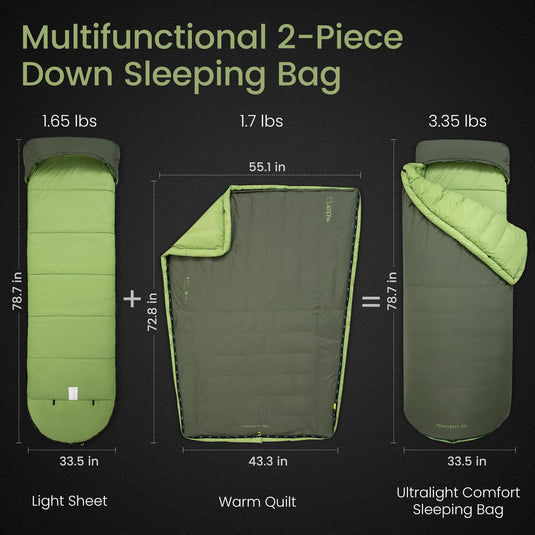 ATEPA 3-in-1 Backpacking Sleeping Bag Down Sleeping Bag 44.6°F to 10.4°F