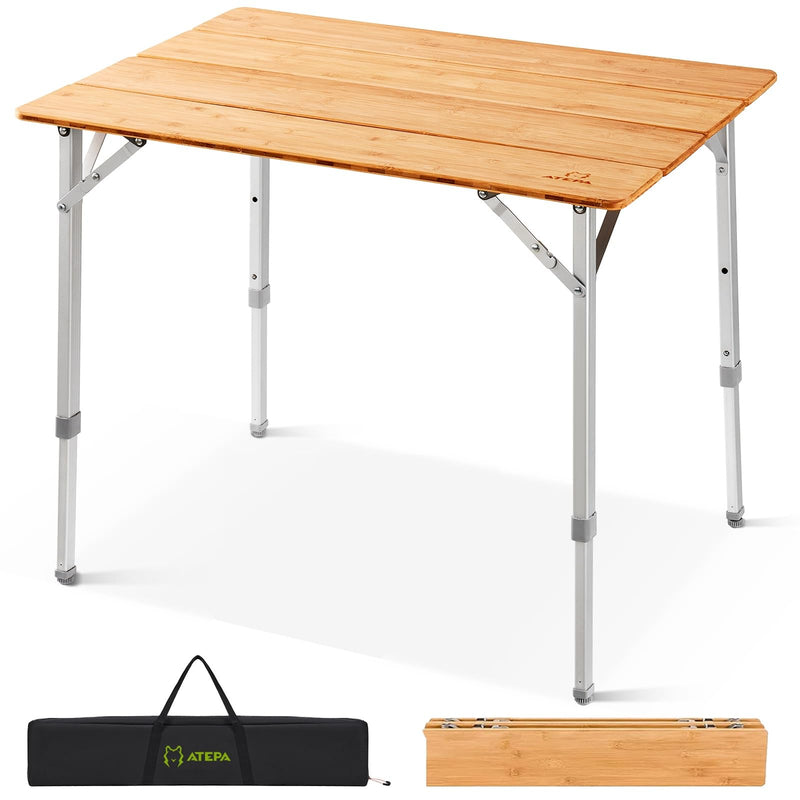 Load image into Gallery viewer, ATEPA Bamboo Folding Table, Adjustable Height Folding Tables Environmental Bamboo Camping Table with Aluminum Legs Carry Bag for Travel Picnic Beach Fishing Outdoor Indoor, 2-4 Person
