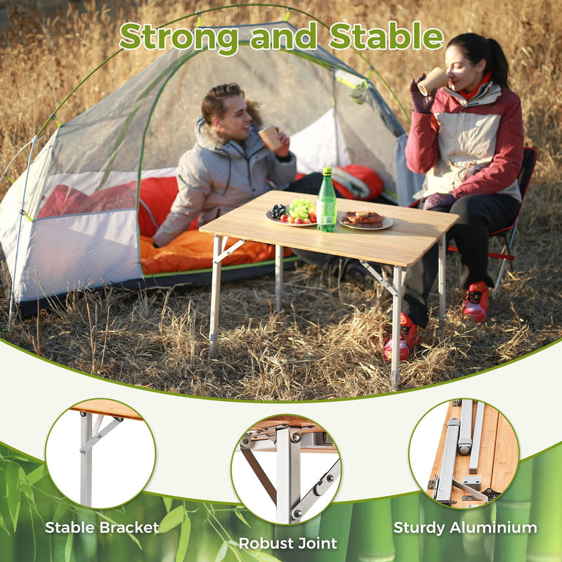 Load image into Gallery viewer, ATEPA Bamboo Folding Table, Adjustable Height Folding Tables Environmental Bamboo Camping Table with Aluminum Legs Carry Bag for Travel Picnic Beach Fishing Outdoor Indoor, 2-4 Person
