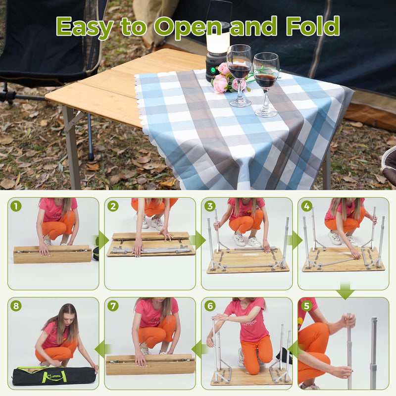Load image into Gallery viewer, ATEPA Bamboo Folding Table, Adjustable Height Folding Tables Environmental Bamboo Camping Table with Aluminum Legs Carry Bag for Travel Picnic Beach Fishing Outdoor Indoor, 2-4 Person
