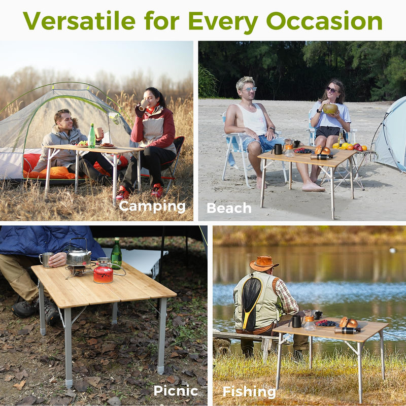 Load image into Gallery viewer, ATEPA Bamboo Folding Table, Adjustable Height Folding Tables Environmental Bamboo Camping Table with Aluminum Legs Carry Bag for Travel Picnic Beach Fishing Outdoor Indoor, 2-4 Person
