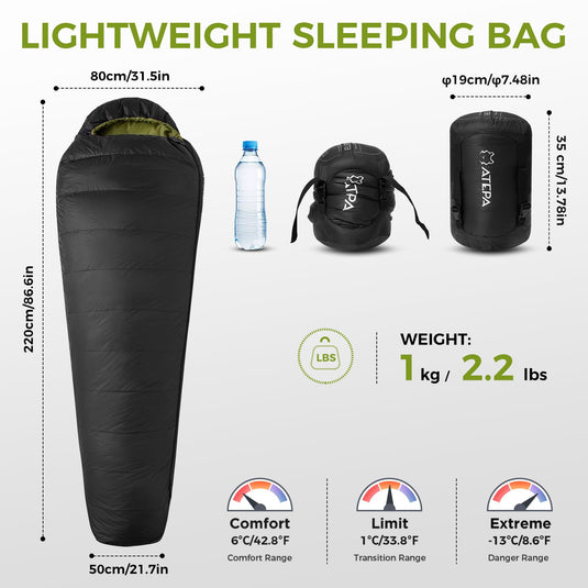 ATEPA Elements 450 Coldmaster™ Mummy Sleeping Bag 42.8°F to 8.6°F Lightweight Sleeping Bag
