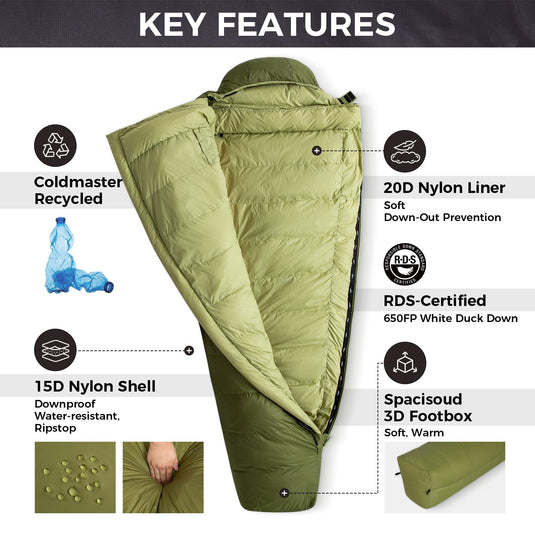 ATEPA Elements 450 Coldmaster™ Mummy Sleeping Bag 42.8°F to 8.6°F Spacious with 650FP White Duck Down
