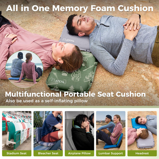 ATEPA Self-Inflating Stadium Seat Cushion - 2.5" Thick Memory Foam Pad for Bleachers, Airplane Travel, Sports & Office Chairs