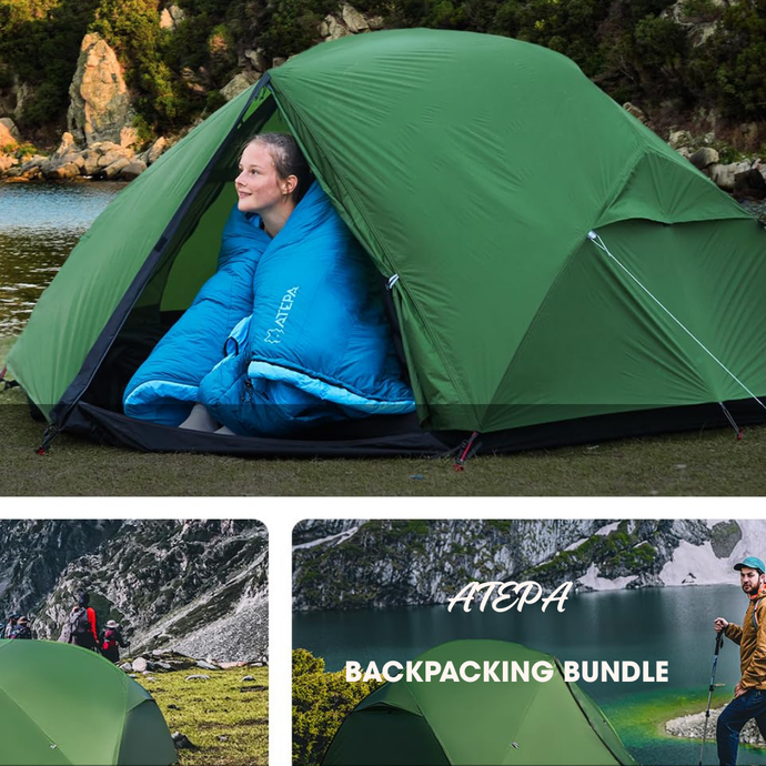 ATEPA Ultimate Backpacking Bundle – 2-Person Tent, 3-in-1 Down Sleeping Bag & Trekking Poles