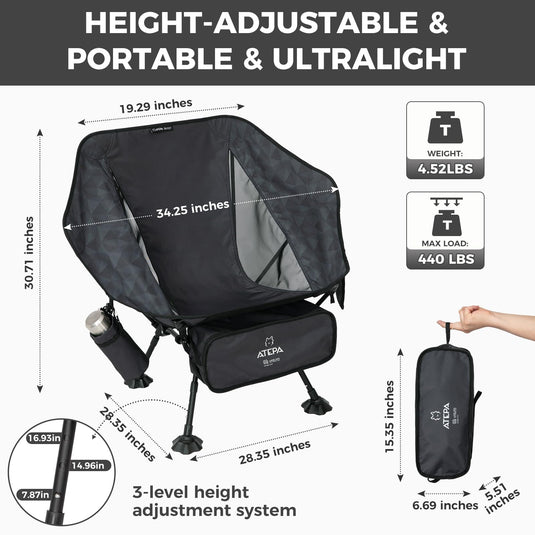 ATEPA Ultralight Backpacking Chair - 440lb Capacity, Compact Folding Camp Chair with Side Pocket for Hiking, Camping, Festivals & Outdoor Concerts