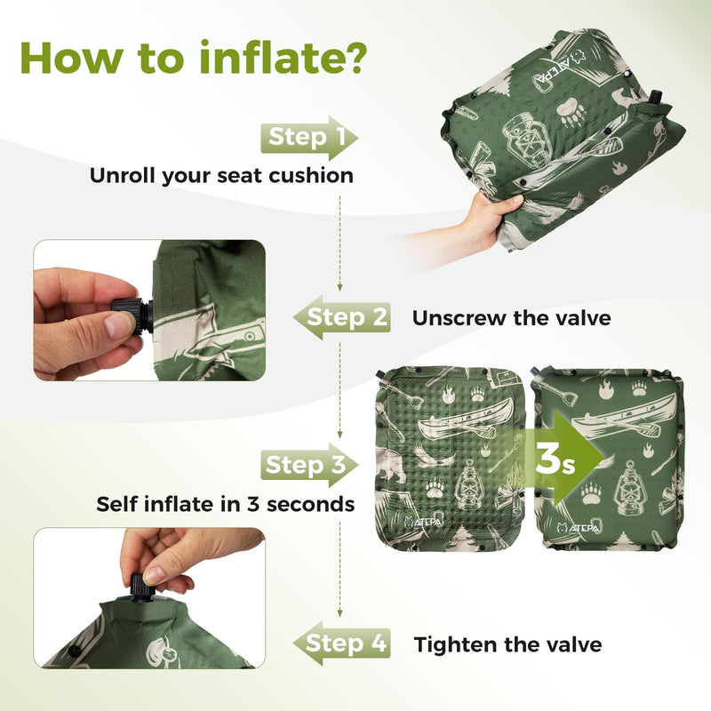 Load image into Gallery viewer, ATEPA Self-Inflating Stadium Seat Cushion - 2.5&quot; Thick Memory Foam Pad for Bleachers, Airplane Travel, Sports &amp; Office Chairs
