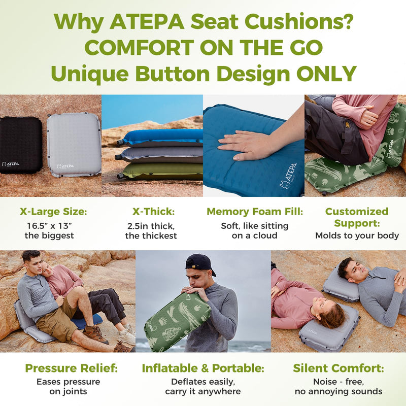 Load image into Gallery viewer, ATEPA Self-Inflating Stadium Seat Cushion - 2.5&quot; Thick Memory Foam Pad for Bleachers, Airplane Travel, Sports &amp; Office Chairs

