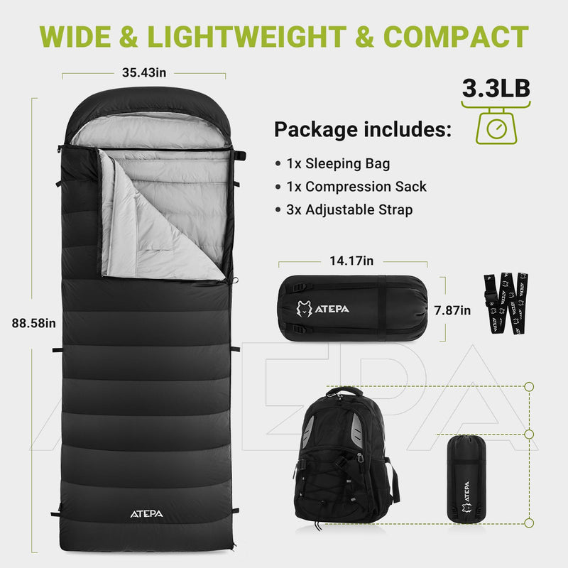 Load image into Gallery viewer, ATEPA ELEMENTS 600 Down Sleeping Bag Black Wide and Lightweight
