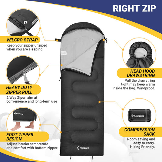 KingCamp Oasis 250 Sleeping Bag-Envelope With Hood 3 Season Camping Sleeping Bag