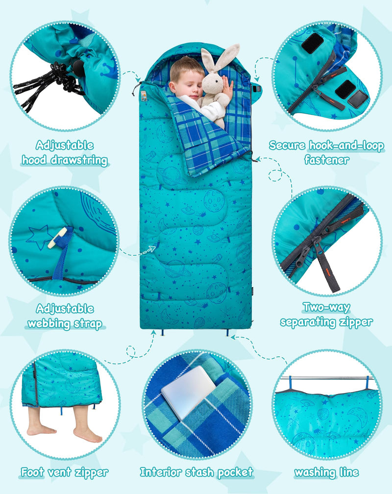 Load image into Gallery viewer, KingCamp Kids Sleeping Bag Children 3-4 Season Winter Flannel Liner Cotton Warm Lightweight Single for Camping Hiking Backpacking Outdoor with Compression Sack for Girls Boys
