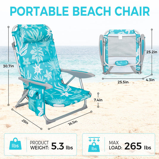 WEJOY Adjustable 4 Positions Beach Chair Set of 2 Cyan White