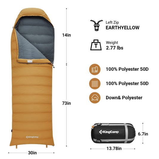 KingCamp Lightweight Down Sleeping Bag-Envelope With Mummy Hood Wide and Large