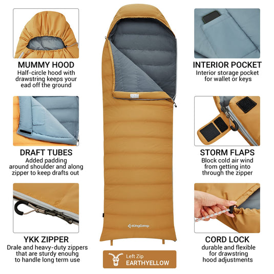KingCamp Lightweight Down Sleeping Bag-Envelope With Mummy Hood Wide and Large