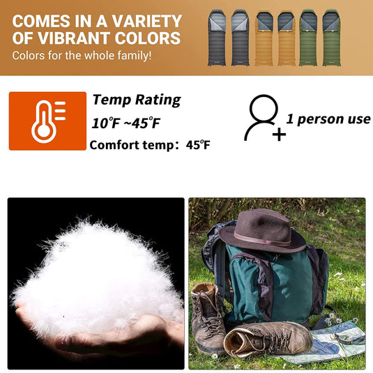 KingCamp Lightweight Down Sleeping Bag-Envelope With Mummy Hood Wide and Large