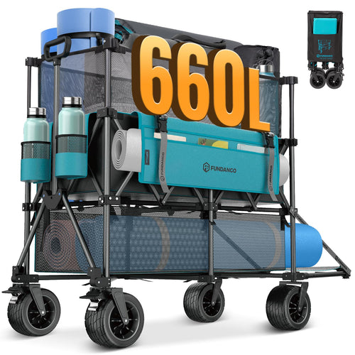 FUNDANGO Heavy Duty Double Decker Wagon – 660L Capacity All-Terrain Folding Cart with Brakes & Tailgate
