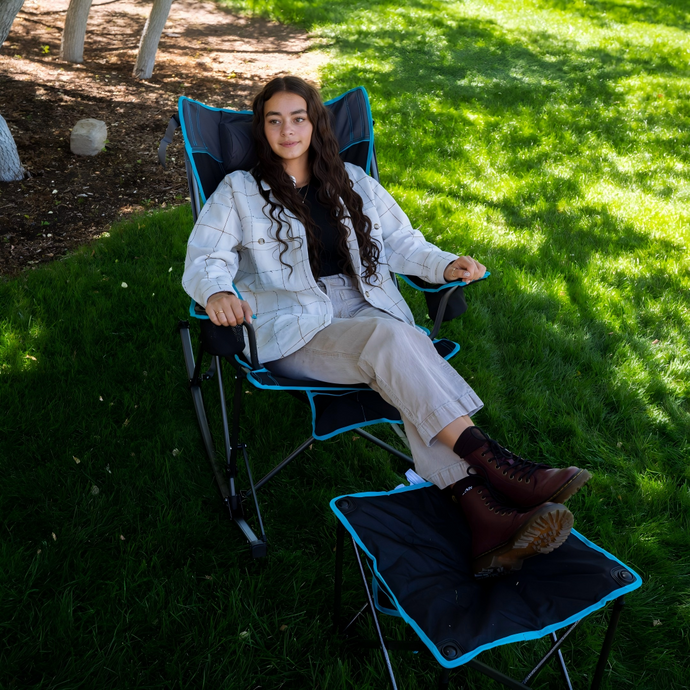 FUNDANGO Outdoor Relaxation Bundle: Rocking Chair + Oversized Camp Stool for Ultimate Comfort