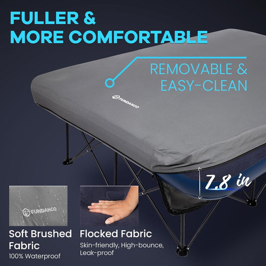 FUNDANGO Queen Camping Cot with Removeable Air Mattress - 2-Person Portable Outdoor Bed with Electric Pump, Easy Clean