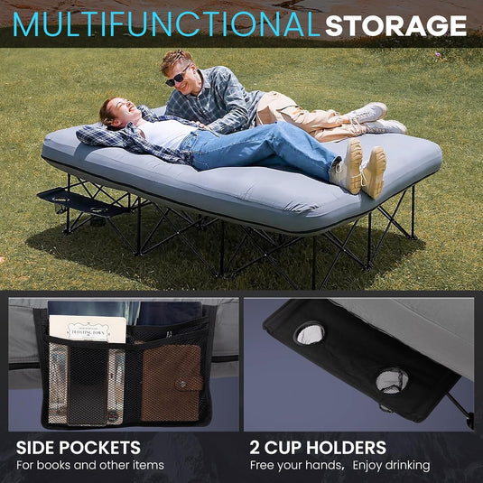 FUNDANGO Queen Camping Cot with Detachable Air Mattress - 2-Person Portable Outdoor Bed with Side Pocket s and 2 Cup Holders