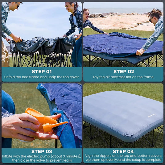 FUNDANGO Queen Camping Cot with Detachable Air Mattress - 2-Person Portable Outdoor Bed with Electric Pump