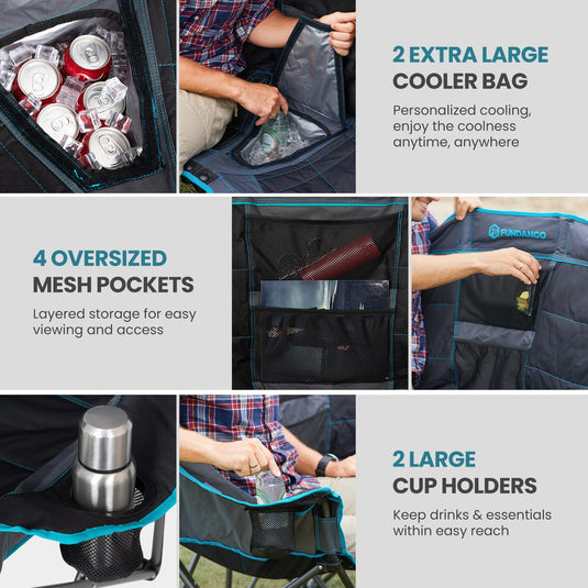 FUNDANGO Triple Camping Chair with Cooler – 3 Seater Camping Counch