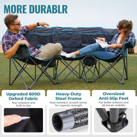 FUNDANGO Triple Camping Chair with Cooler – 3 Seater Camping Counch