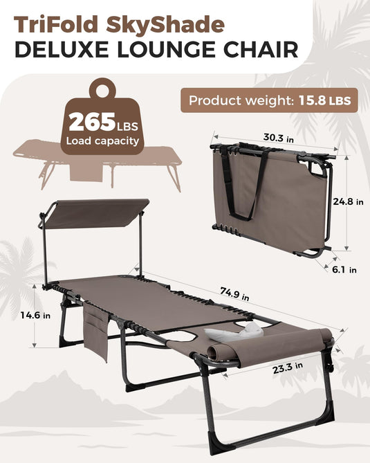KingCamp 7-Position Adjustable Backpack Chaise Lounge with 360° Rotatable Canopy Shade