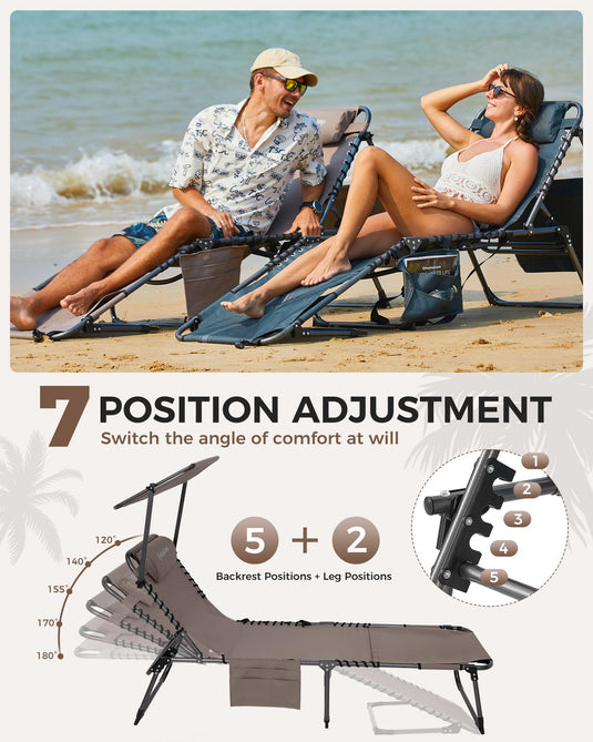 KingCamp 7-Position Adjustable Backpack Chaise Lounge with 360° Rotatable Canopy Shade