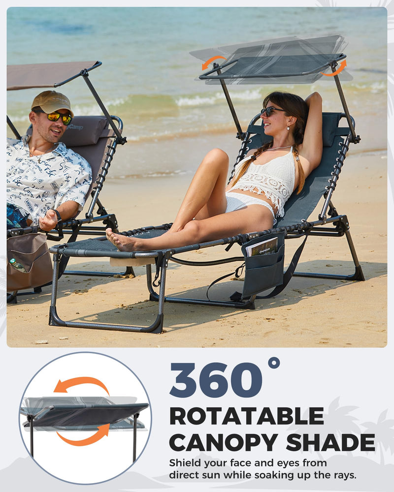 Load image into Gallery viewer, KingCamp Backpack Chaise Lounge with 360° Rotatable Canopy Shade
