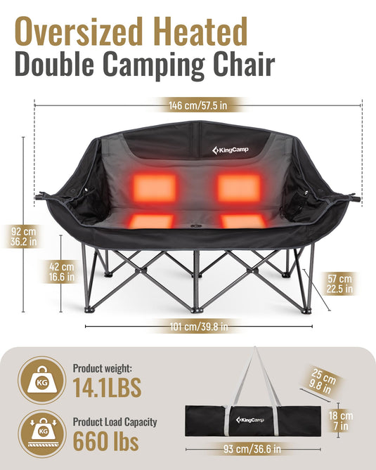 KingCamp Oversized Heated Double Camping Chair - 2-Person Oversized Padded Couples Chair with 3-Temperature Settings