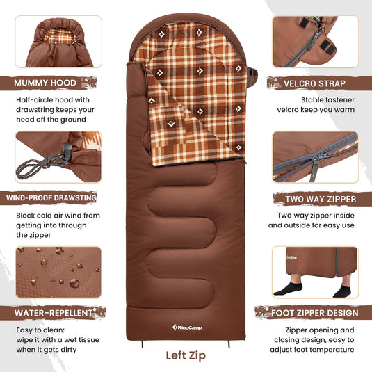 KingCamp CLOUDY 400 Cold Weather Sleeping Bag for Adults - 4-Season, Wide, Waterproof, Converts to Double