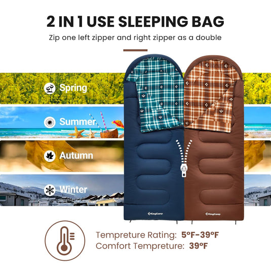 KingCamp CLOUDY 400 Cold Weather Sleeping Bag for Adults - 4-Season, Wide, Waterproof, Converts to Double