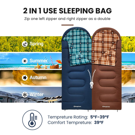 KingCamp CLOUDY 400 Cold Weather Sleeping Bag for Adults - 4-Season, Wide, Waterproof, Converts to Double