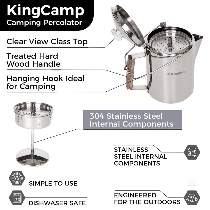Load image into Gallery viewer, KingCamp Camping Coffee Pot, 12 Cup Stainless Steel Percolator - 304 Food-Grade, Wood Handle for Campfire, RV &amp; Outdoor Brewing, No Aluminum
