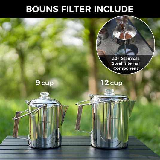 KingCamp Camping Coffee Pot, 12 Cup Stainless Steel Percolator - 304 Food-Grade, Wood Handle for Campfire, RV & Outdoor Brewing, No Aluminum