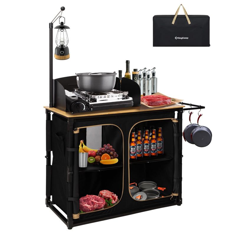 Load image into Gallery viewer, KingCamp Portable Camp Kitchen Table – Bamboo Top Grill Station with Windshield
