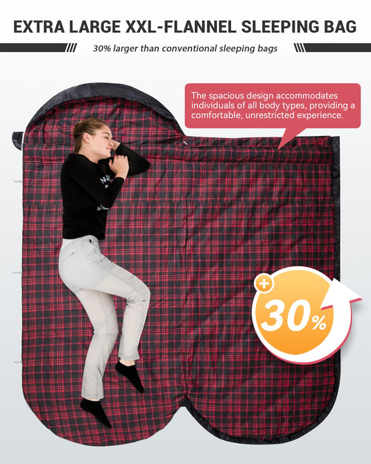 KingCamp FREESPACE 250 3-Season Plus Size Flannel Sleeping Bag Extra Large XXL Flannel Sleeping Bag