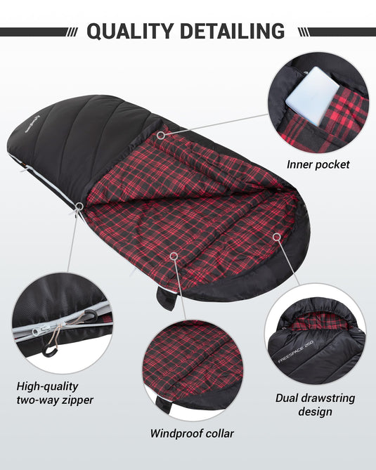 KingCamp FREESPACE 250 3-Season Plus Size Flannel Sleeping Bag High Quality and With Inner Pocket
