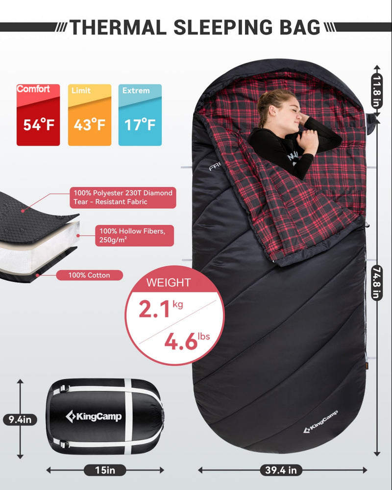 Load image into Gallery viewer, KingCamp FREESPACE 250 3-Season Plus Size Flannel Sleeping Bag Thermal Sleeping Bags
